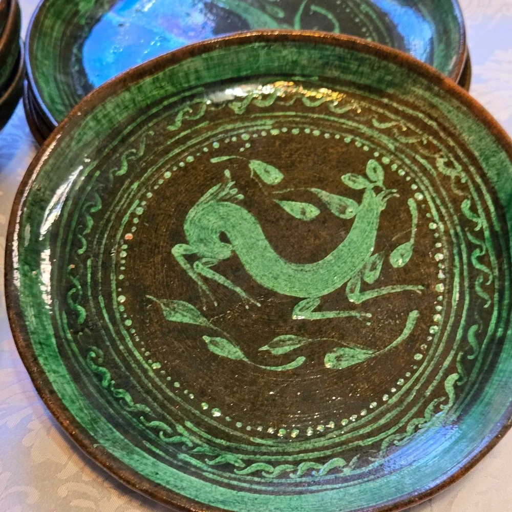Vintage Tatamban Michoacan Mexico Pottery 8pc Set Green Bird Animal Plates Bowls